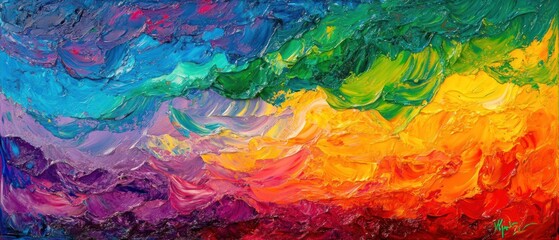 A vibrant abstract painting showcasing swirling colors representing a dynamic sky.