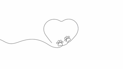 Video. Dog and cat paw hearts drawn in one continuous line. Dog paw prints in a heart frame in a simple linear style. Concept of love for animals. Animation on white background 4K.