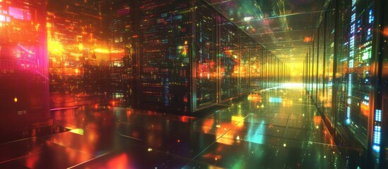 A futuristic digital corridor filled with glowing data servers and vibrant lights.