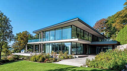 Modern glass house with a landscaped garden and clear blue sky.