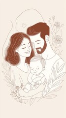 Happy Family Illustration with Baby and Floral Elements