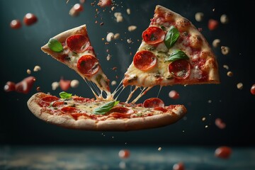 Slices pizza delicious food flying with spices delicious mozzarella cheese