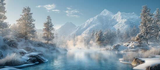 A serene winter landscape with a snow-covered mountain range in the background, a frozen river flowing through the valley, and a few pine trees lining the riverbanks.