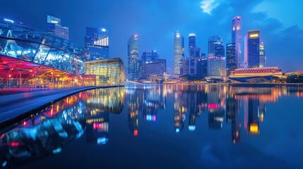 Nighttime Cityscape with Reflections in Singapore