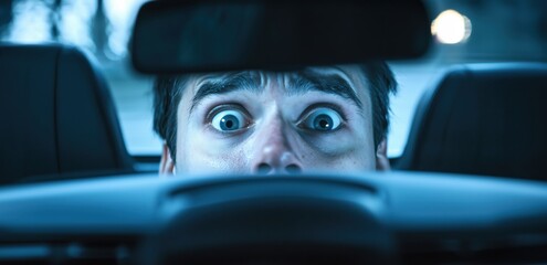 A man stares out of a car windshield with wide, fearful eyes, illuminated by dramatic blue and green lighting. Blurred city lights add a tense atmosphere.