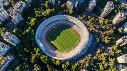 Obraz premium This vibrant sports stadium, nestled among lush trees and tall buildings, showcases meticulously maintained grass. The scene captures an urban setting bustling with life