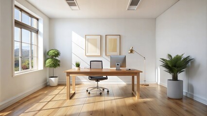 Fototapeta premium Picture frame mockups in modern office interior with wooden desk and large windows