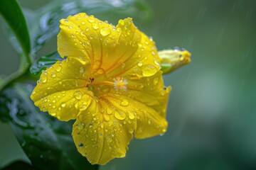 Fototapeta premium Four o clock flower a colorful ornamental plant has yellow flowers coated in morning dew