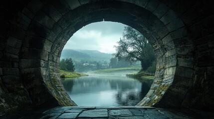 Naklejka premium A circular stone archway frames a view of a misty river, rolling hills, and a lone tree in the distance.