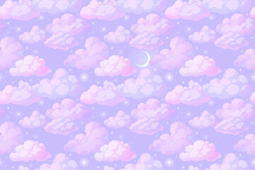 Drawn clouds and moon on the starry sky. Raster seamless background