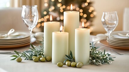Two soft yellow candles sit beside ripe green olives and leaves on a wooden platter, creating a calming ambiance in a neutral gray setting