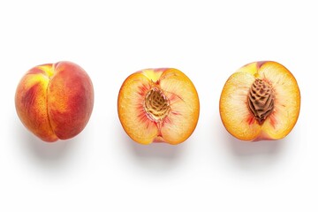 Fresh peach fruit sliced in half and arranged in rows top view white background