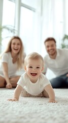 Happy Baby Crawling with Parents Smiling in Bright Living Room