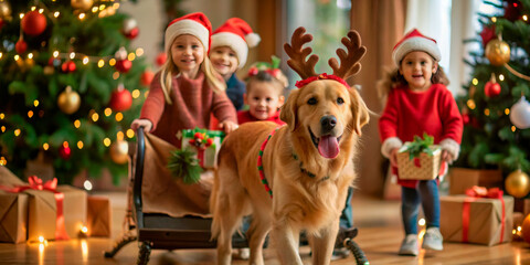 Children in Santa hats and a Golden Retriever with reindeer antlers playing with a sled indoors, surrounded by Christmas decorations and gifts