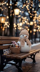 The snowman, adorned with a scarf and hat, is surrounded by beautifully wrapped gifts and twinkling lights, creating a warm and joyful atmosphere for the holidays