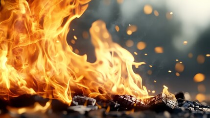 Flickering flames rise to illuminate the dark, creating a mesmerizing dance of light and heat amidst glowing embers and deep shadows.