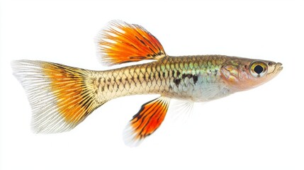 striking Guppy Poecilia reticulata displays vibrant hues against clean white backdrop revealing intricate patterns and a lively disposition typical of this popular aquarium fish.