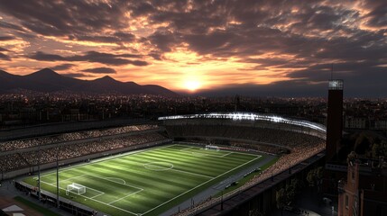 Fototapeta premium This vibrant sports stadium, nestled among lush trees and tall buildings, showcases meticulously maintained grass. The scene captures an urban setting bustling with life