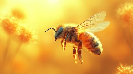Naklejka premium Close-up of a bee in flight against a warm yellow background focused on pollination and nature's beauty.