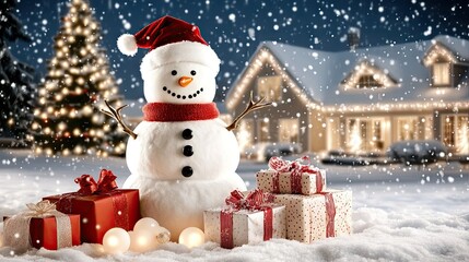 Fototapeta premium In a whimsical winter setting, a cute snowman with a gray hat and scarf stands proudly, surrounded by soft snow and glowing holiday lights in the background