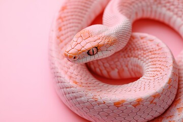 Fototapeta premium Curled pink snake on a soft pink background