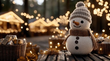 The snowman, adorned with a scarf and hat, is surrounded by beautifully wrapped gifts and twinkling lights, creating a warm and joyful atmosphere for the holidays
