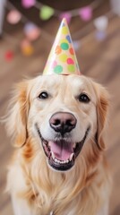 Happy Golden Retriever Wearing a Colorful Party Hat