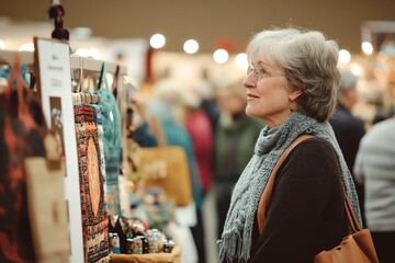 Elderly woman browsing colorful handmade crafts at an indoor artisan market, admiring unique and artistic creations in a cozy atmosphere.