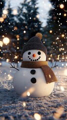 Obraz premium In a whimsical winter setting, a cute snowman with a gray hat and scarf stands proudly, surrounded by soft snow and glowing holiday lights in the background