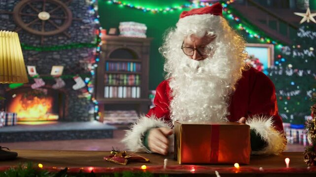 Saint Nicholas decorates many presents with ribbons and bows in his rustic log cabin. Santa Claus with red suit uses colorful wrapping paper for Christmas gifts at the North Pole. Camera B.