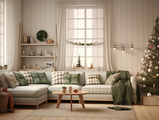 Obraz premium Modern and classic styles inspired scandinavian living room with Christmas tree and Christmas decor and Christmas tartan plaid accents. Festive season interior.