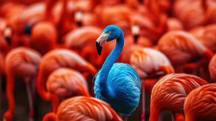 Fototapeta premium Unique Blue Flamingo Standing Out Among Red Flamingos.