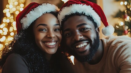 Portrait of a happy African American couple with Santa hats having a video call.