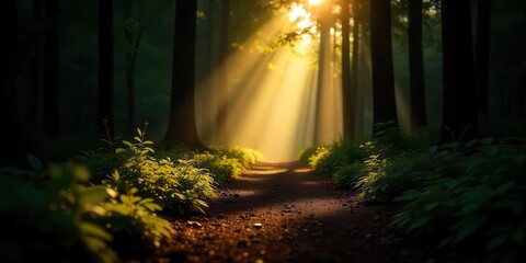 Naklejka premium Sunlight streaming through trees in a lush forest, symbolizing peace, nature, and rejuvenation.