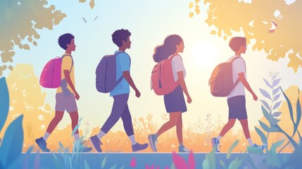 Obraz premium A Group of Friends Embarking on an Inspiring Nature Walk Towards the Radiant Horizon, Filled with Adventure and Exploration.