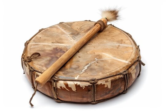 Handmade Native American style shaman drum with goat skin and beater on white background