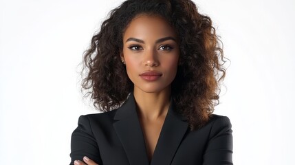 A poised professional exuding self-assurance with strong features and stylish attire against a minimalist background.
