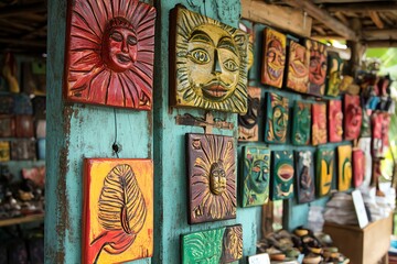Obraz premium Colorful handcrafted wall art displayed at an outdoor market, showcasing unique sun and moon designs on wooden panels.