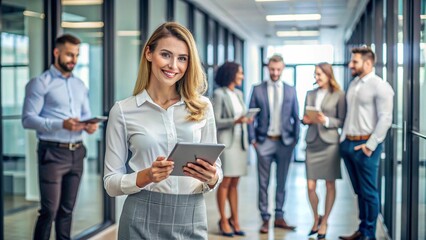 Confident businesswoman holding a tablet in a modern office hallway with colleagues in the background, symbolizing teamwork and leadership. The image reflects a collaborative and professional corporat