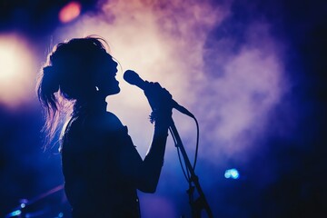 Silhouette of a singer passionately performing on stage with vibrant blue and purple lights creating an atmospheric concert ambiance.