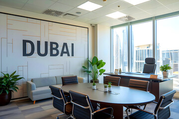Interior of office with CEO desk by window, meeting table and chairs. Dubai mockup wall.