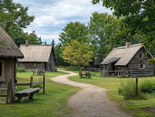 Fototapeta na wymiar Peaceful rural scene with rustic wooden cabins surrounded by trees on a clear day, capturing a traditional countryside aesthetic.