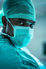 A doctor in surgical scrubs preparing for an operation