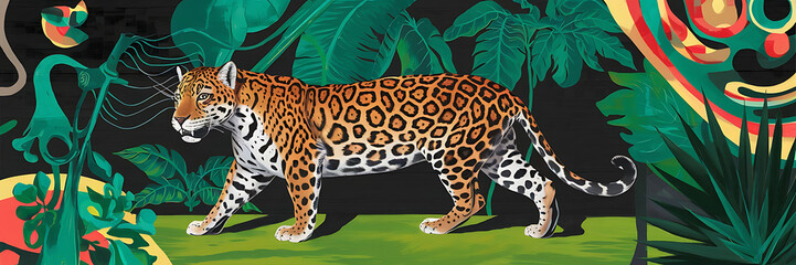 Naklejka premium A jaguar with orange and black spots walks through a lush green jungle Tropical nature and wildlife 