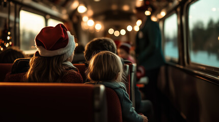 North Pole Express Train ride, holiday train ride with children on board, winter snowing outside, Christmas lights and spirits, beautiful night, full of joy, magical moment, xmas holidays