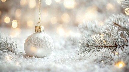 glittering silver, white Christmas ornament resting on a soft, snowy surface, surrounded by a dreamy, blurred warm background.