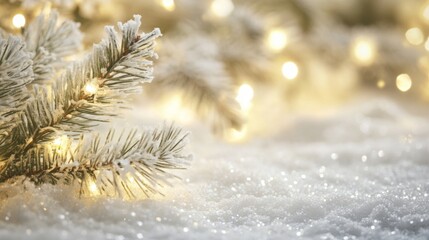 Close-up of a snowy Christmas tree branch adorned with twinkling lights, set against a softly blurred golden background.