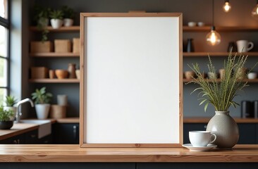 Fototapeta premium An empty wooden frame stands on a kitchen counter, surrounded by potted plants and a coffee cup, highlighting a cozy and inviting atmosphere in the room