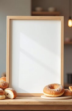 A wooden frame stands empty on a cafe table, inviting menu or art display, surrounded by an assortment of freshly baked bagels, creating a warm atmosphere