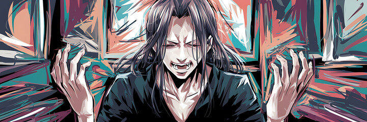 Angry man with black hair and teal and red background illustrative style intense emotion psychological thriller concept